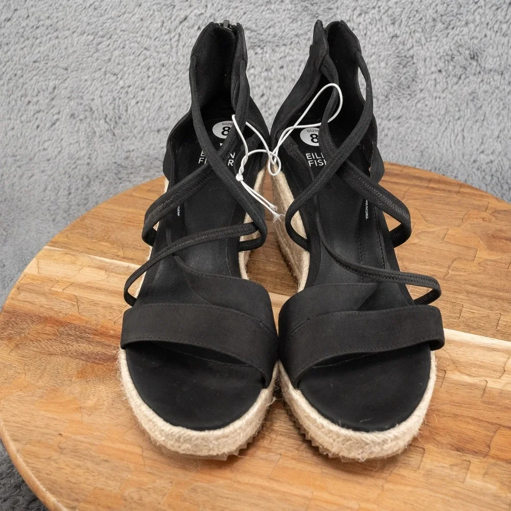 Eileen Fisher Largo‎ Black Tumbled Nubuck Leather Espadrille Wedge Sandal 8